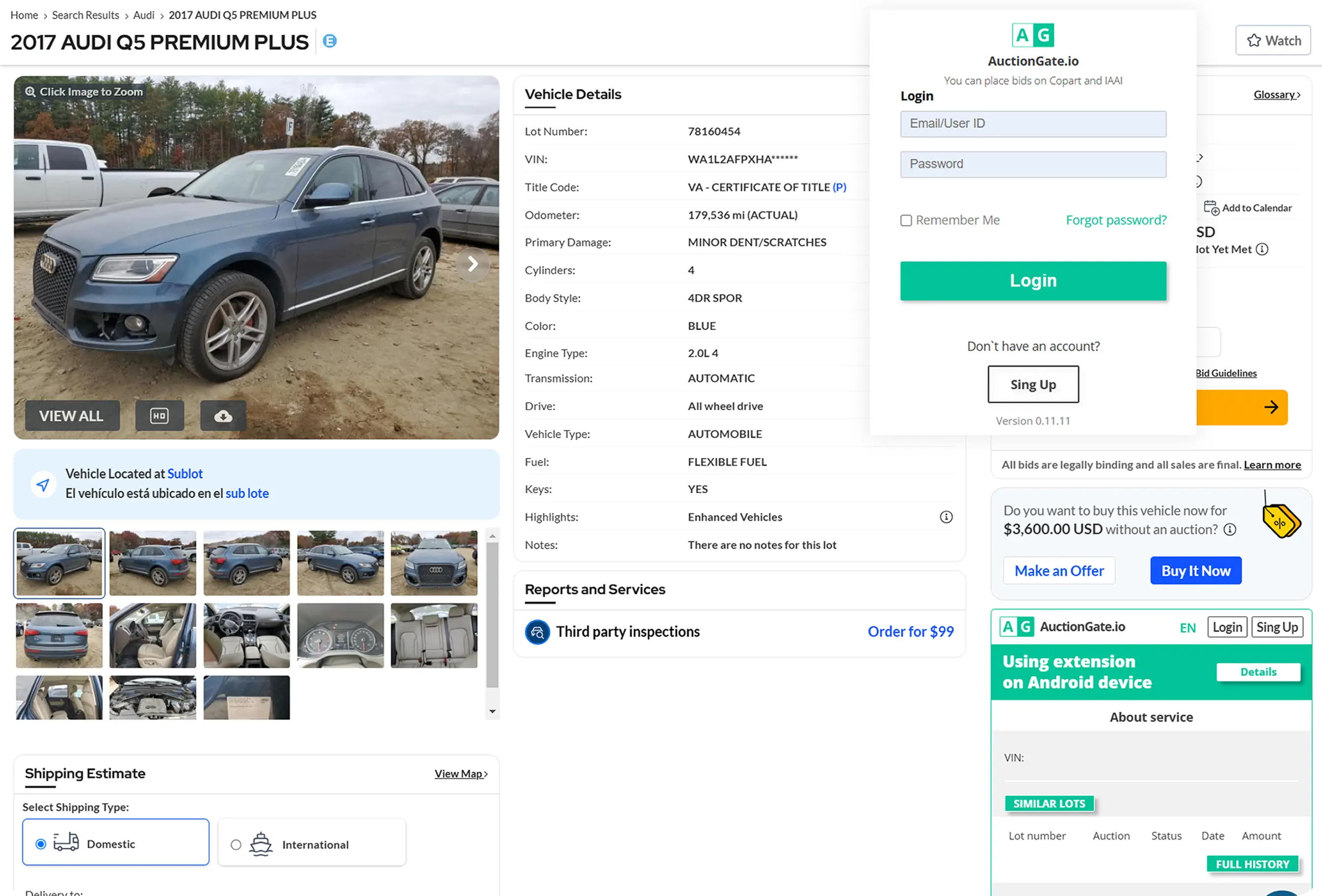 Расширение AuctionGate для Chrome на странице лота Copart